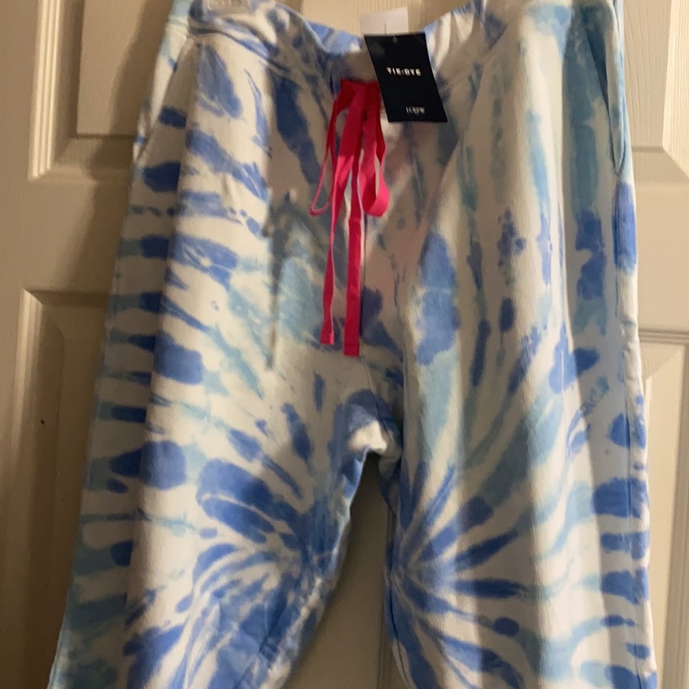 J. Crew Blue & White Tie-Dye Track Pants with Pink Drawstring - Picture 6 of 11